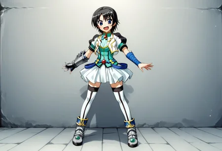 score_9, score_8_up, score_7_up, source_anime, good anatomy, 1girl, solo, NanamiTakatsuki, short hair, black hair, blue eyes, black and white cropped jacket with yellow trim, cyan shirt, blue belts, white pleated skirt, miniskirt, layered skirt, white thighhighs, blue anklet, metal shoes, red gem, armband, one metal gauntlet, standing, smiling, open mouth, contrapposto