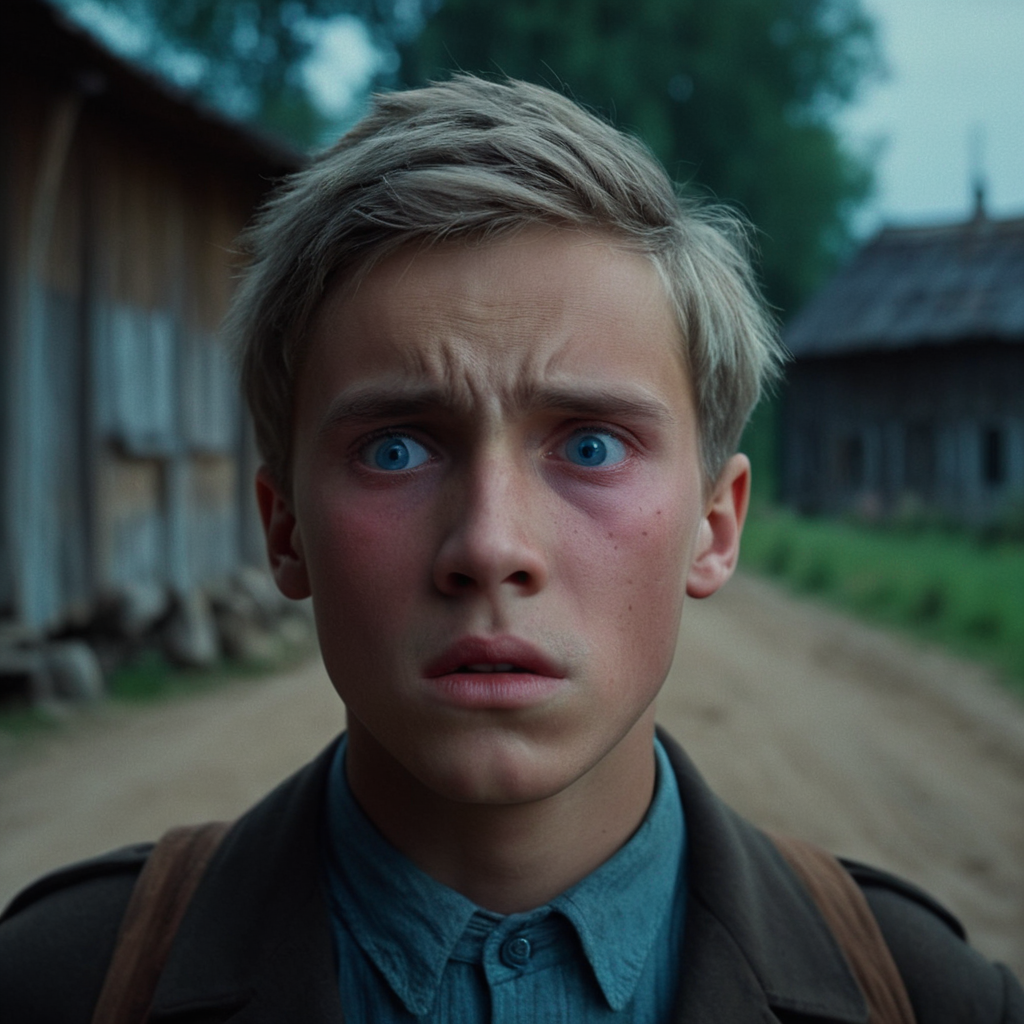 cinematic film still of  <lora:Come and See style v2:1>
Young Florian In 1943, in a small Belarusian village a surprised young sad man with a very big surprised look on his wrinkly face,solo,looking at viewer,short hair,blue eyes,simple background,1boy,closed mouth,grey hair,male focus,portrait,realistic , action, horror, war, movie themed, sharp, detailed, epic cinematic photography, artistic, creative, dramatic light, cinematic color style, Kodak film style, 8k resolution, Come and See style, shallow depth of field, vignette, highly detailed, high budget, bokeh, cinemascope, moody, epic, gorgeous, film grain, grainy