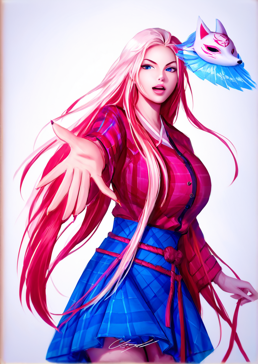 1girl, hata no kokoro, huge breast, bow, breasts, fox mask, hand fan, holding, holding fan, long hair, mask, mask on head, open mouth, outstretched arm, photo (medium), plaid, plaid shirt, shikishi, shirt, sidelocks, skirt, solo, traditional media, very long hair, zPDXL3<lora:Breast Slider - Pony_alpha1.0_rank4_noxattn_last:3> <lora:HandFixer_pdxl_Incrs_v1:1> <lora:partaytoes:1>