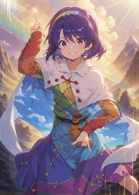 absurdres, highres, masterpiece, best quality, amazing quality, official anime artwork, screencap, anime screencap, outdoors, looking at viewer, dynamic pose, standing,
 <lora:Chimata-Tenkyuu_Illustrious:1> tenkyuu chimata, 1girl, solo, purple eyes, blue hair, shot hair,, multicolored hairband, multicolored dress, long sleeves, white cape, purple boots,
pointing up, pointing down, rainbow, cloud, smile, teeth, light particle, mountain,