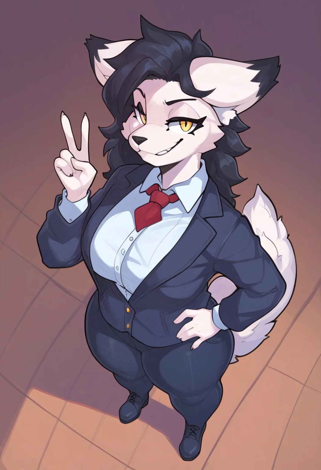 safe_pos, masterpiece,best quality, highly detailed, score_9, score_8_up, score_7_up, score_6_up, bigcozyorca, BREAK, 1girl, anthro dog, dog girl, white fur, fluffy ears, black ear tips, fluff ears, fluffy tail, black hair, yellow eyes, long eyelashes, large breast, thick thighs. black nose, black tipped ears, white ears, white face, white fur, peace sign, high angle, from above, smug, smirk, Perspective shot, jacket, popped collar, jacket