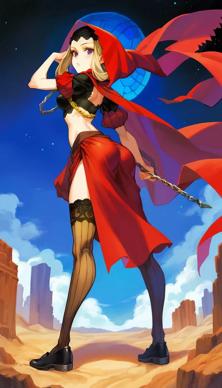 score_9,score_8_up,score_7_up,
<lora:vanillawareStyle:1>,
velvet,1girl,solo,blonde hair,updo,purple eyes,looking at viewer,velvet outfits,red hood,black lace headscarf,black crop top,puffy short sleeves,red skirt,black stockings,black shoes,full body,standing,back view,leaning forward,ass,hanging chain-weapon with spear-tip,
outdoors,night,desert,light particles,