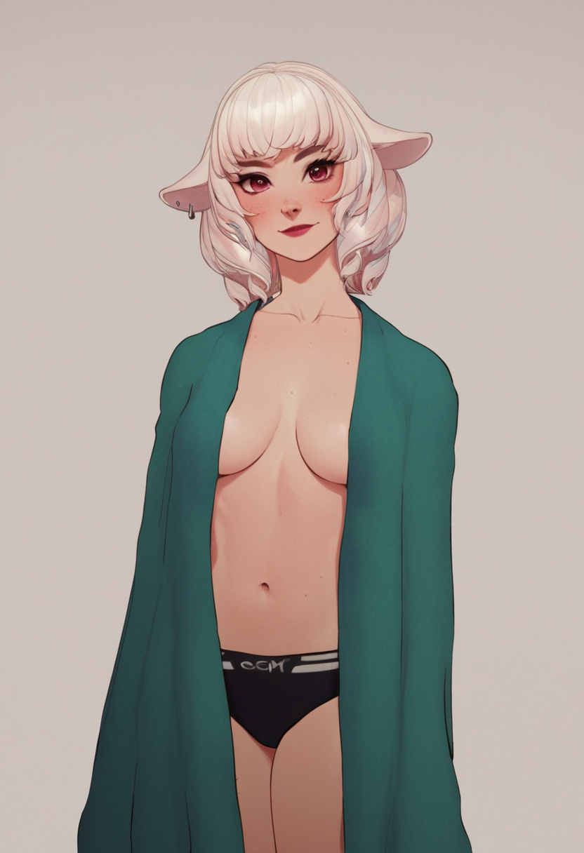 score_9, score_8_up, score_7_up, score_6_up, 1girl, solo, <lora:Bo_Sheep__vTuber:1>, Bo Sheep, blanket, detailed eyes, perfect face, perfect eyes, sexy, sexy girl, beautiful eyes, petite body, thick thighs, medium breasts, standing, dynamic posing, light smile, simple background, dynamic angle, cowboy shot<lora:Pony_QualityV4.0> <lora:IndigoToonMix_Style-000010> <lora:blmn-sdxl>