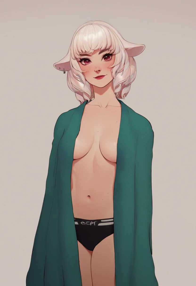 score_9, score_8_up, score_7_up, score_6_up, 1girl, solo, <lora:Bo_Sheep__vTuber:1>, Bo Sheep, blanket, detailed eyes, perfect face, perfect eyes, sexy, sexy girl, beautiful eyes, petite body, thick thighs, medium breasts, standing, dynamic posing, light smile, simple background, dynamic angle, cowboy shot<lora:Pony_QualityV4.0> <lora:IndigoToonMix_Style-000010> <lora:blmn-sdxl>