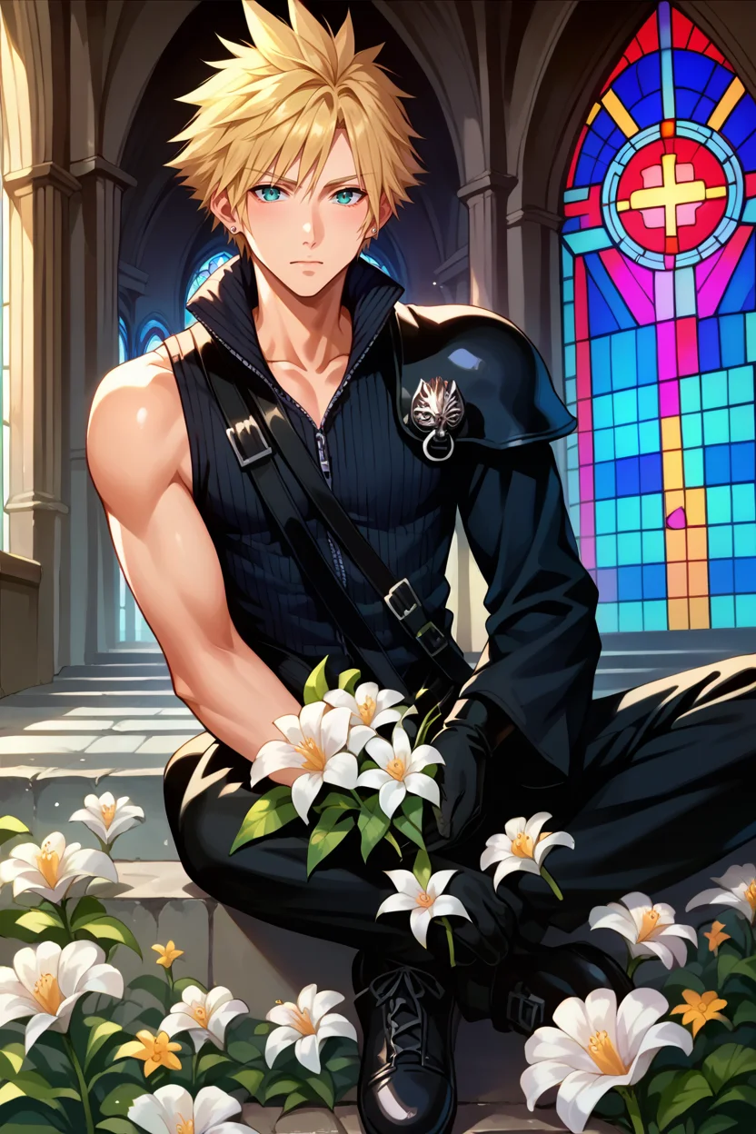 score_9, score_8_up, score_7_up, score_6_up, source_anime, 1boy, male focus, solo BREAK <lora:cloudstrife-pdxl-nvwls-v1-000006:0.9> acCloud, blonde hair, single earring, high collar, black shirt, single shoulder pad, harness, single sleeve, black gloves, black pants, black shoes, church, stained glass, indoors, flower patch, flowers, holding flower, looking at viewer