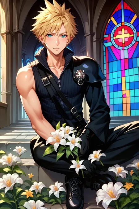 score_9, score_8_up, score_7_up, score_6_up, source_anime, 1boy, male focus, solo BREAK <lora:cloudstrife-pdxl-nvwls-v1-000006:0.9> acCloud, blonde hair, single earring, high collar, black shirt, single shoulder pad, harness, single sleeve, black gloves, black pants, black shoes, church, stained glass, indoors, flower patch, flowers, holding flower, looking at viewer