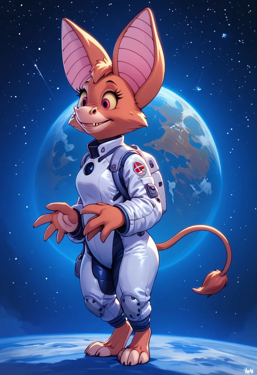 Score_9, score_8_up, score_7_up, highly detailed fur, score_6_up, Cartoon, detailed background, 4k, ultra detailed, hi_res, full body view, 1girl, Foxglove bat, bat girl, anthro bat, bat tail, 4 fingers on hands, 4 toes on each foot, detailed face, red sclera, highly detailed, one tail, smile, big eyes, 3/4 side view, wearing space suit, (outer space background:1,4)