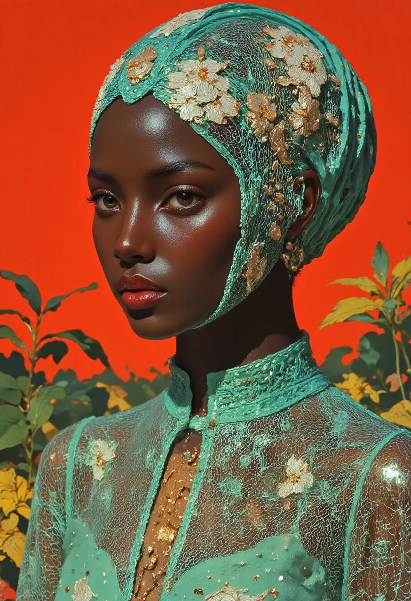 A sinfully stylish, highly detailed, digitally rendered portrait of a young woman with deep, rich brown skin tone. She wears a teal headwrap adorned with intricate white floral patterns, flowing gracefully down her shoulders. Her expression is calm and composed, with her gaze directed slightly to the left. She is dressed in a sheer, lace-like green garment, featuring delicate floral embroidery. The lace texture adds depth, enhancing the tactile feel of the image. The vibrant background is a striking red field, splashed with bold yellow and orange hues, contrasting sharply with the teal headwrap and green garment. Abstract, stylized green and yellow plant elements dot the background, lending a natural yet modern aesthetic. Dramatic light and soft accents cast long shadows, highlighting the intricate details of the lace and floral patterns. This surrealistic, high-fashion portrait combines vivid colors, rich textures, and a dynamic interplay of modern elements, creating an arresting visual experience. (Fanmytwor style, b74_aes, vintagewoman)