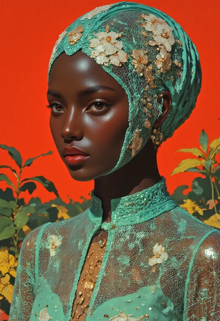 A sinfully stylish, highly detailed, digitally rendered portrait of a young woman with deep, rich brown skin tone. She wears a teal headwrap adorned with intricate white floral patterns, flowing gracefully down her shoulders. Her expression is calm and composed, with her gaze directed slightly to the left. She is dressed in a sheer, lace-like green garment, featuring delicate floral embroidery. The lace texture adds depth, enhancing the tactile feel of the image. The vibrant background is a striking red field, splashed with bold yellow and orange hues, contrasting sharply with the teal headwrap and green garment. Abstract, stylized green and yellow plant elements dot the background, lending a natural yet modern aesthetic. Dramatic light and soft accents cast long shadows, highlighting the intricate details of the lace and floral patterns. This surrealistic, high-fashion portrait combines vivid colors, rich textures, and a dynamic interplay of modern elements, creating an arresting visual experience. (Fanmytwor style, b74_aes, vintagewoman)