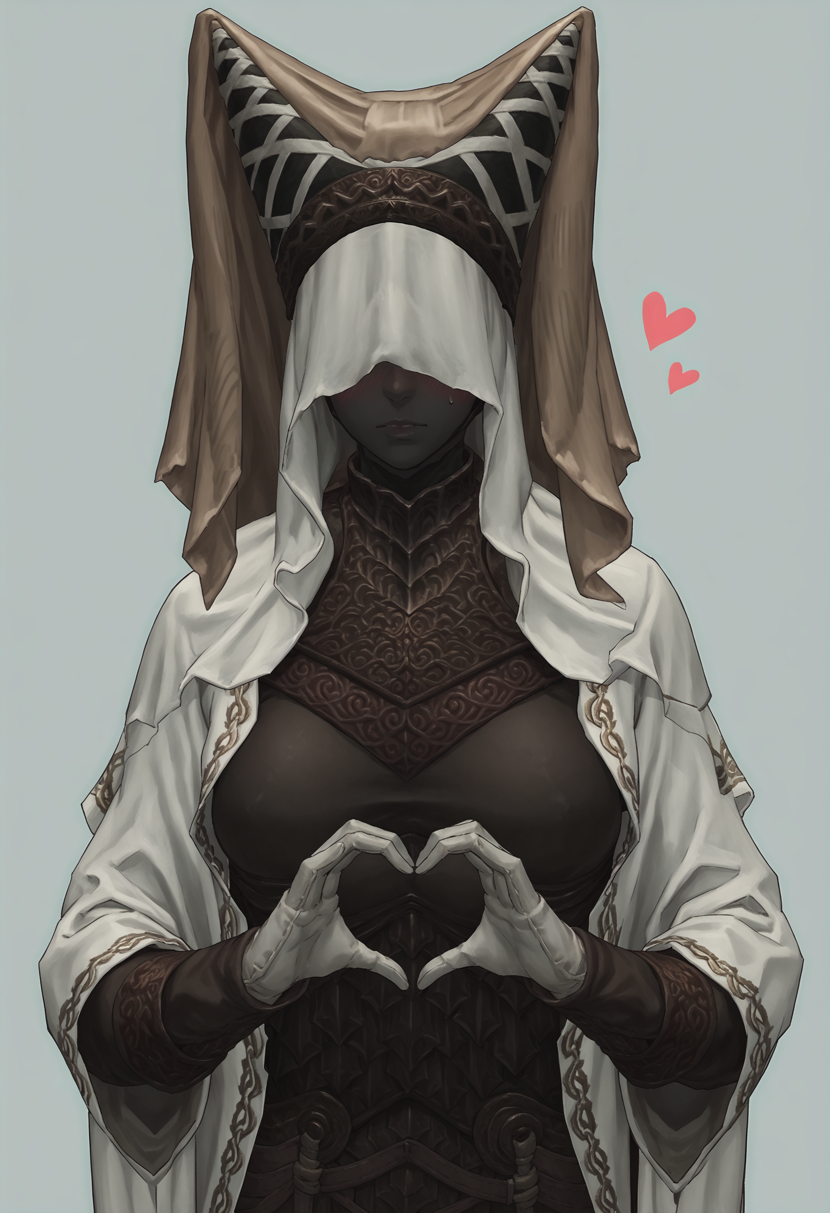 score_9, score_8_up, score_7_up, score_6_up, score_5_up, score_4_up, 1girl,  <lora:NightMaiden:0.85> solo, large breasts, colored skin, black skin, faceless, veil, helmet, robe, armor, gloves, cape, upper body, heart hands, blush, 
(light blue background:1.15), simple background,