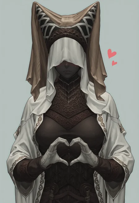 score_9, score_8_up, score_7_up, score_6_up, score_5_up, score_4_up, 1girl, <lora:NightMaiden:0.85> solo, large breasts, colored skin, black skin, faceless, veil, helmet, robe, armor, gloves, cape, upper body, heart hands, blush,
(light blue background:1.15), simple background,