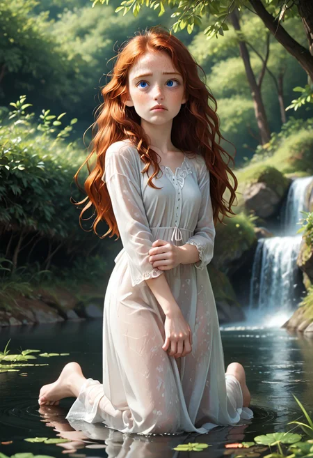 score_9, score_8_up, a red haired elf kneeling next to a spring of water in the woods, masterpiece, cinematic look, soothing tones, hyperdetailed, 20 years old, trees, outside, cupping water in hands, long hair, hair down to hips, loose long hair, thirsty, confused, red hair, ginger hair, bright blue eyes, full body, heart shaped face, auburn hair, dirty hair, tangled hair, small nose, full lips, elven ears, pointed ears, pale skin, freckled face, freckles, sleepy, noontime, tired