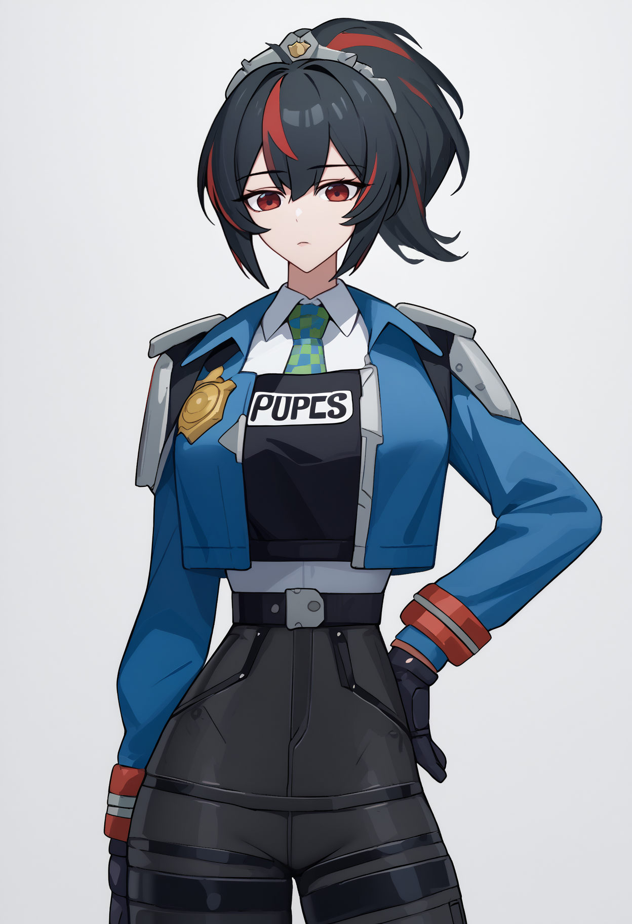 score_7_up, score_6_up, <break> simple background, white background, solo, 1girl, zhu yuan, expressionless, looking at you, standing, hand on own hip, ponytail, red eyes, police uniform, blue jacket, cropped jacket, open jacket, long sleeves, black gloves, black vest, white shirt, collared shirt, checkered necktie, black pants, tight pants, high-waist pants, large breasts
<segment:yolo-face_yolov8m.pt,0.4,0.5//cid=1>
