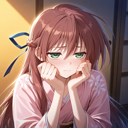 1boy,solo,<lora:IL_houjou_chikara_SHADOW_AND_SHADOW:1>,w-sdw,houjou chikara,green eyes,long hair,brown hair,side braid,blue hair ribbon,
pink yukata,obi,kimono,natural light,with a golden hue,embarrassed,hand on chest,upper body,looking up,upturned eyes,hands on own cheeks,looking away,half-closed eyes,, masterpiece,best quality,amazing quality,very aesthetic,absurdres,