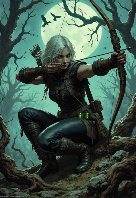 A fierce and agile archer crouches low in a dynamic, battle-ready pose on a desolate, swamp-like terrain. The character’s body leans forward, one knee bent deeply while the other leg stabilizes her stance. She pulls back her bowstring with intense focus, aiming directly at her target, as her short, platinum-blonde hair frames her sharp, determined expression. Her muscular arms and leather armor emphasize a seasoned warrior, with dark, practical clothing adorned by small green vials glowing faintly at her waist.
She carries a quiver full of arrows slung across her back, and her outfit is marked by straps, reinforced pads, and utility pouches, suited for survival in harsh environments. The background features twisted, barren trees and a murky, foggy landscape under a twilight sky, murder of crows fills the skies, adding a mystical, strategic element to the setting. The atmosphere is one of stealth, precision, and survival amidst eerie surroundings.