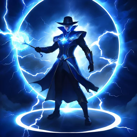 (((masterpiece))),(((best quality))),((ultra-detailed))ï¼SkillIcon, a man stands at the center of an energy shield composed of blue lightning,The magician has a staff, with a black background ,<lora:SkillIcondreamshapelocon-000044:0.6>