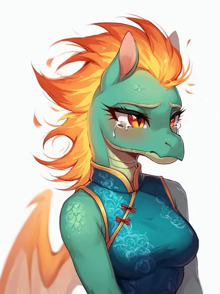score_9,score_8,score_7,source_furry,
<solo:1.5>,
<1girl:1.5>,
dragon horse,
female,
tits,
dress,
fire hair,
flame hair,
flames,
anthro,
qipao,
green body,
green scales,
upper body,
face focus,
face zoom,
<white background:1.5>,
<simple background:1.5>,
<lora:Tianhuo_F_Herds_Pony_SDXL:1> tianhuo_tfh, sad,
sadness,
tears,
closed mouth,