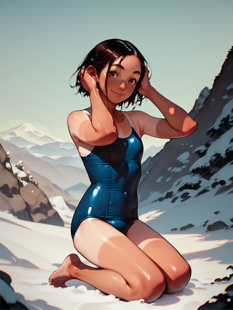 score_9,score_8_up,score_7_up,source_anime,1girl,<lora:nb_tanlines_r1:1>,tanlines,smile,looking at viewer,school swimsuit,snow,mountain,kneeling,hands on head,