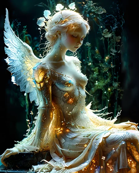 hauntingly beautiful bioengineered female anthropomorphic angel lounging on a dais, organic bioluminescent patterns, (partially transparent:1.9), crystals, full body, detailed face, hyperrealistic, ultra resolution, professional photo, <lora:add-detail-xl:0.4> <lora:xl_more_art-full_v1:0.4> <lora:John Berkey Style:0.5>, <lora:artiangel:1>
