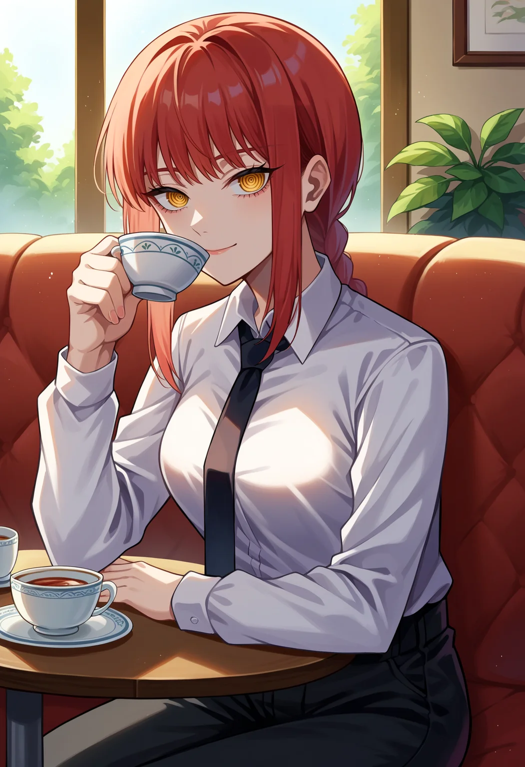 score_9, score_8_up, score_7_up, source_anime BREAK 1girl, solo, cowboy shot, looking at viewer, close-up,
makima_(chainsaw_man), red hair, yellow eyes, medium hair, white shirt, black pants, necktie, formal, holding cup,hand up, collared shirt, drinking, hydrate, <lora:DrinkingDwntsy-000006:1>, teacup,
medium breasts, skindentation, sitting, light smile,
indoors,restaurant, cafe, sitting, table,