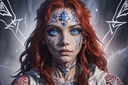 bright red hair, human female, (feminine:1.7), (beautiful face, detailed face:1.6), (beautiful eyes, detailed eyes:1.7), (looking at viewer, eye contact, intense:1.6), (long hair, red hair, curly hair:1.3), , ((masterpiece, best quality, high resolution, realistic, best quality,)), photo realistic, Perfect Face, (detailed face). <lora:GoodHands-vanilla:0.6> <lora:add-detail-xl:0.8>, mage, (Dress White military uniform coat), dagger, rune dagger, glowing runes, , (((glowing magic symbols tattoos, religious tattoos))), ((face tattoos)), glowing tattoos, stone tower in the background