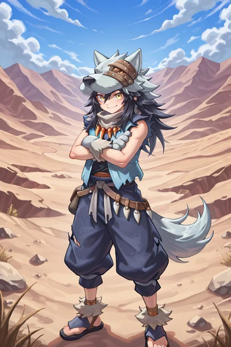 <lora:FlunkyIL:0.8> , fludef, 1boy, black hair, long hair, yellow eyes, wolf hat, wolf hood, wolf pelt, wolf tail, grey scarf, bandana around neck, necklace, tooth necklace, fur trim, blue vest, torn clothes, paw gloves, sandals, full body, wasteland, mountains, exterior, smile, looking at viewer, crossed arms, (solo), masterpiece, very aesthetic, absurdres, best quality, amazing quality, high resolution, detailed background, <lora:illustrious_quality_modifiers_masterpieces_v1:0.8> , <lora:ChamIllustriousBackgroundEnhancer:0.5>