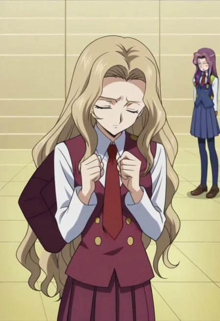 anime screencap, masterpiece, best quality, Code Geass anime art style, <lora:Nunnally_Lamperouge:1>Nunnally Lamperouge, 1girl, ashford academy school uniform, long hair, necktie, school uniform, closed eyes,