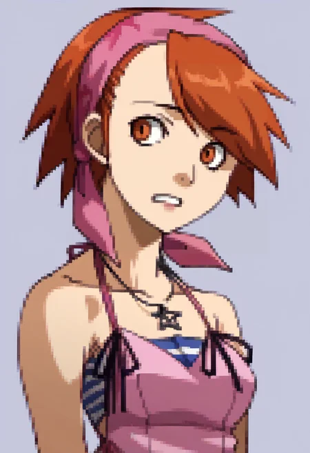 score_9, score_8_up, score_7_up, source_anime, BREAK, solo, 1girl, <lora:P2-Protraits-pdxl_Fp:1>, portrait, simple background, <lora:Yuzu-pdxl_Fp:1>, yuzudesu, orange hair, orange eyes, short hair, bandana, pink camisole, tube top, necklace,