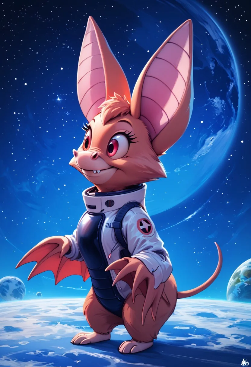 Score_9, score_8_up, score_7_up, highly detailed fur, score_6_up, Cartoon, detailed background, 4k, ultra detailed, hi_res, full body view, 1girl, Foxglove bat, bat girl, feral bat, bat tail, 4 toes on each foot, detailed face, red sclera, highly detailed, one tail, smile, big eyes, 3/4 side view, wearing space suit, (outer space background:1,4)