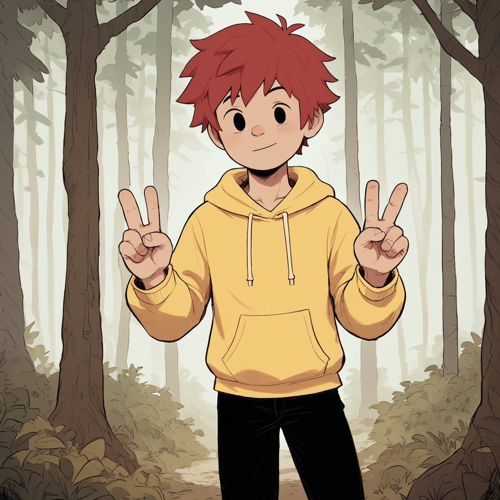 score_9_up, score_8_up, score_7_up, BREAK, TwistwoodTales, 1boy, solo, red hair, short hair, black eyes, yellow hoodie, black pants, cowboy shot, double v, forest,  <lora:TwistwoodTales_Style_PXL_Leaf1:1>,  chi