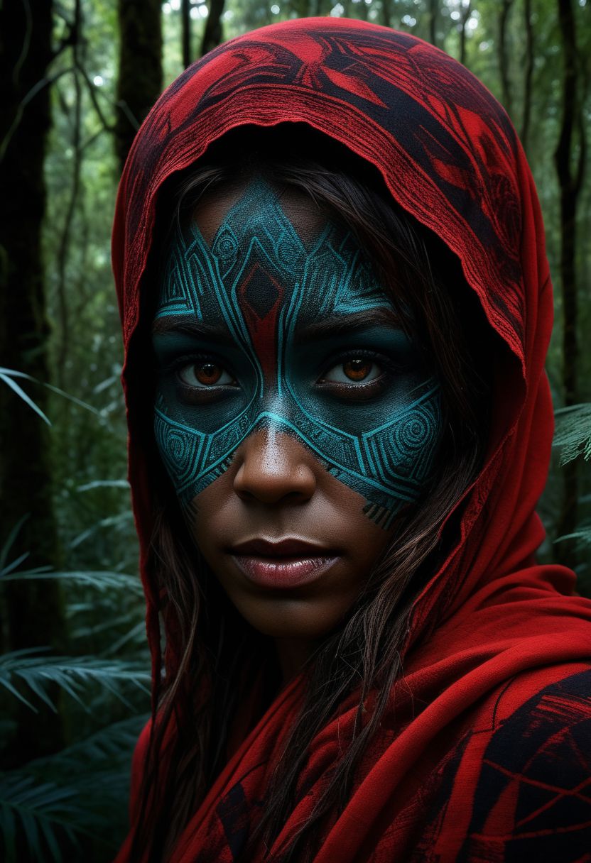 mysterious silhouette of a tribal woman, jungle, (red warpaint over eyes only), goddess, alluring, by Minjae Lee, Carne Griffiths, Emily Kell, Steve McCurry, Geoffroy Thoorens, Aaron Horkey, Jordan Grimmer, Greg Rutkowski, amazing depth, double exposure, surreal, geometric patterns, intricately detailed, bokeh,  perfect balanced, deep fine borders, artistic photorealism , smooth,  great masterwork by head of prompt engineering   <lora:add-detail-xl:2>  <lora:Double_Exposure:0.5>