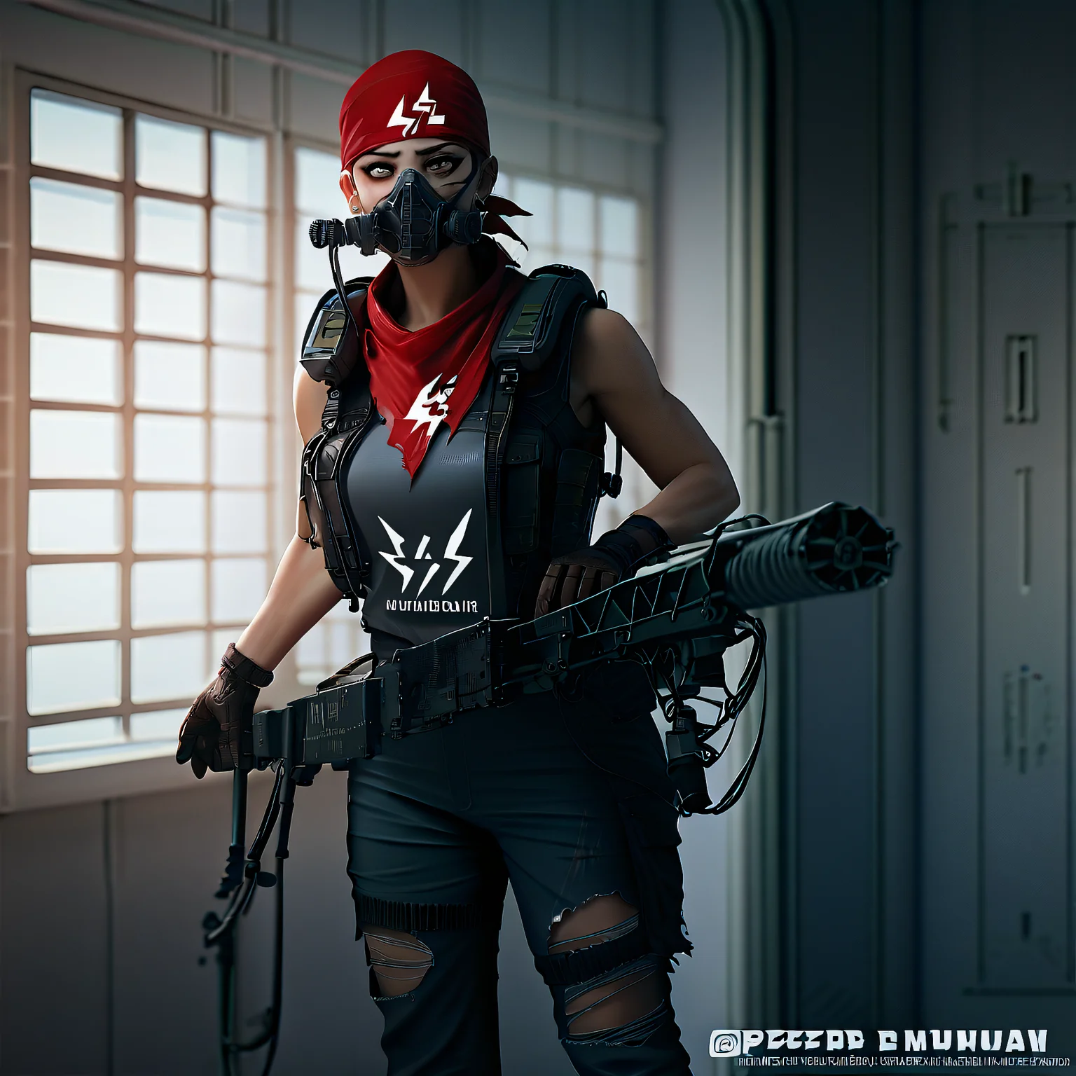 score_9, score_8_up, score_7_up, score_6_up, score_5_up, score_4_up, source_anime, BREAK, an athletic hispanic  woman in torn uniform and red bandana holding a machinegun with both hands, m56smrt, corridor, muzzle flash,