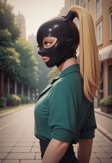 source_cartoon, score_9, score_8_up, score_7_up, score_6_up, score_5_up, , BREAK, 1girl,
<lora:latexHoodPonyV3:1>,black latexhood, blonde ponytailhair, casual clothes, feminine, walking in a green park, from the side, upper body