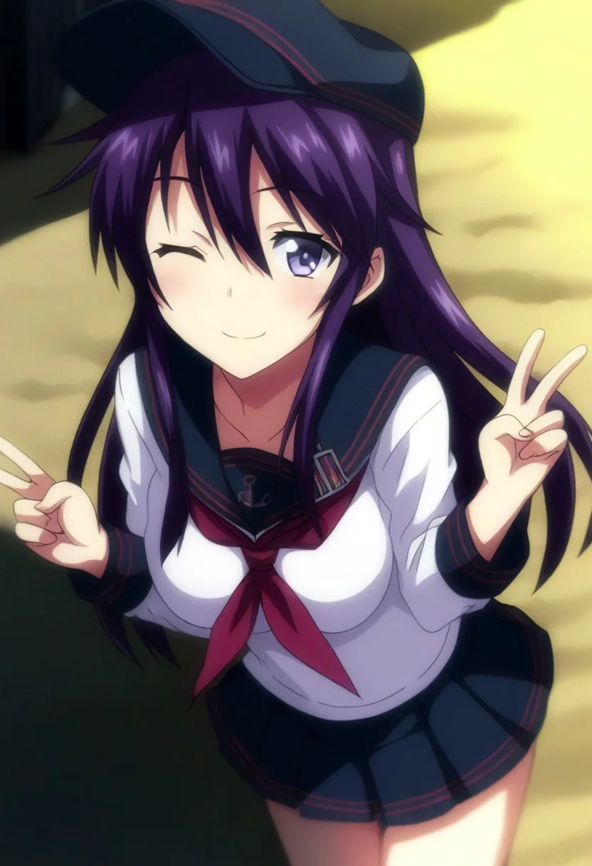score_9,score_8_up,score_7_up,source_anime,anime, BREAK,
JoshiLuck_AnimeStyle,
(cute),1girl, akatsuki (kancolle), (medium breasts), purple hair, long hair, hair between eyes, purple eyes,
serafuku, black flat cap, black sailor collar, black mini skirt, long sleeves, neckerchief, red neck ribbon, sailor collar,
looking at viewer,
smile, cheerful, wink, v sign,
(any pose),
angle:random,
outdoors, shiny light, beach,