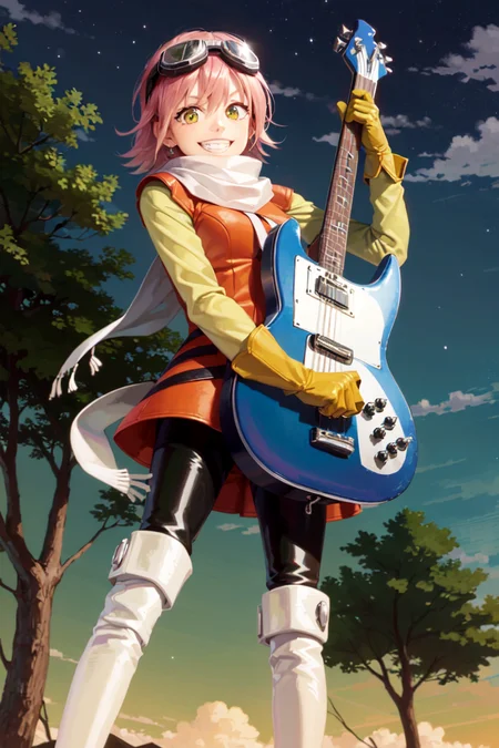 (masterpiece, best quality:1.2), haruko, flcl, 1girl, solo, grin, (holding, blue bass guitar,:1.1) pink hair, short hair, yellow eyes, red dress, white long sleeves, (yellow gloves:1.1), black pants, white boots, white scarf, (goggles on head:1.1), (playing instrument:1.1) ground vehicle, motor vehicle, yellow vespa <lora:HARUKO-13:0.7>
