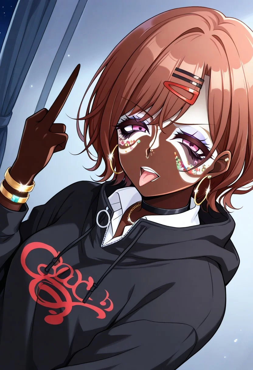Score_9,score_8_up,score_7_up,score_6_up,source_anime,masterpiece, best quality, 4k, absurdres, 8k,detail,1girl,solo,neon glow,hoop earrings,dark-skinned female,ggr,(jet-black skin:1.2) BREAK
(yamanba, white facepaint makeup:1.3),face stickers,star stickers, heart stickers, eyeshadow, very dark skin, (glitter, long thick eyelashes),(green makeup),  BREAK
higuchi madoka, short hair, brown hair, purple eyes, hairpin, BREAK 
white shirt, collared shirt, hood, sweater, open black hoodie, collared shirt, gold bracelets, necklaces,choker,accessories, hair ornament,
middle finger, sideways,
(indoors:1.1),(night:1.2),room, (upper body),  (dynamic pose:1.2), face focus, eyes focus, BREAK 
Expressiveh,half-closed eyes, horny face, irritable, frowning,  tongue out, tongue, BREAK OverallDetail,Frontlight,