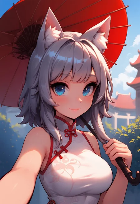 high detail, Smooth, sharp lines, score_9_up, score_8_up, uncensored, detailed, masterpiece, super cute style, 1girl, solo, breasts, looking at viewer, blush, smile, bangs, blue eyes, dress, holding, animal ears, bare shoulders, medium breasts, closed mouth, upper body, grey hair, outdoors, sleeveless, day, white dress, blurry, red ribbon, animal ear fluff, fox ears, sleeveless dress, depth of field, umbrella, chinese clothes, china dress, holding umbrella, selfie, oil-paper umbrella