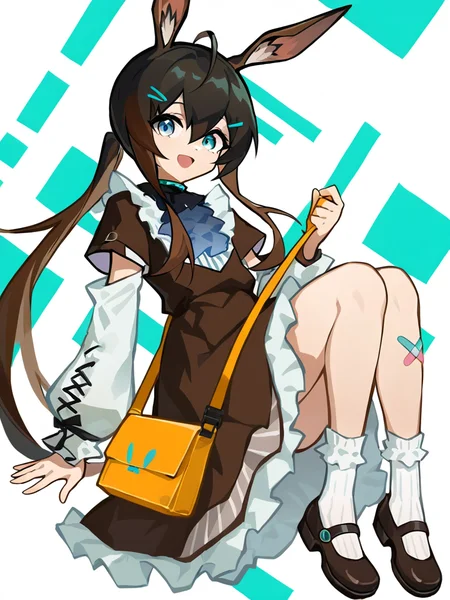 ,dress,ahoge,amiya \(arknights\),short sleeves,bag,:d,socks,black hair,shoulder bag,hair between eyes,hairclip,looking at viewer,detached sleeves,bangs,black footwear,brown footwear,sitting,mary janes,striped,long sleeves,frills,frilled dress,bandaid on leg,bandaid,shirt,black dress,brown dress,male focus,<lora:xnh:1>, masterpiece, best quality, very aesthetic, absurdres