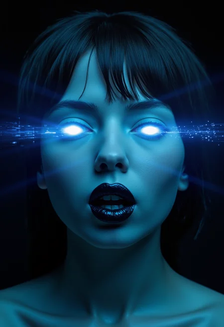analog photo portrait of a cyberpunk woman. Her eyes are blue holographic glitches emphasized with intense makeup, contrasting to her pale skin. Her digital beauty evokes a sense of eerie menace, underlined by the black lipstick on her expressive lips. The background is dark and dimly glowing circuitry can be seen glitching with sparks, creating an optical illusion and distortion  <lora:flux\flux_Darknet_Diaries>