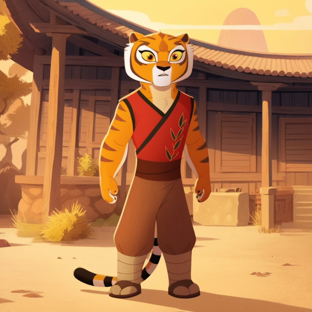 score_9, score_8_up, score_7_up, score_6_up, score_5_up, score_4_up, source_furry, tigresskfpv2, anthro, female, tiger, orange fur, amber eyes, yellow sclera, red vest, brown pants, leg wraps, sandals, outside