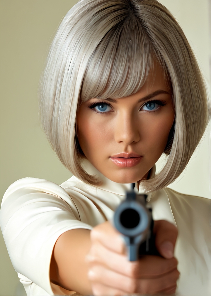 Photo of Yvonne Melongthyme girl she is examining a pistol,(detailed, ultra-detailed body:1.1),best quality,photo-realistic,highly detailed,absurdres,cinematic lighting,hyper-realistic,sharp focus,32k resolution,detailxl,SimplePositiveXLv2,
