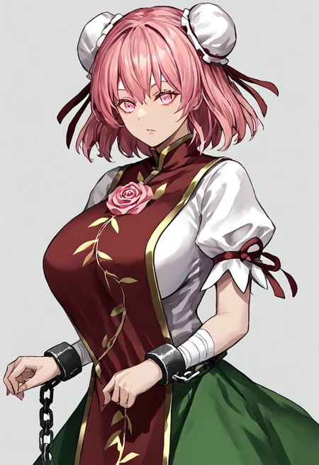 score_9, score_8_up, score_7_up, score_6_up, score_5_up, score_4_up, source_anime, solo, 1girl, 
thkasen, jewelry_pink_eyes, glossy_eyes, pink_short_hair, two_white_chignons_on_the_head, red_tabard, pink_rose, green_skirt, short_hair, huge_breasts, pink_eyes, pink_hair, cuffs, tabard, shackles, double_bun, hair_bun, flower_tabard, bandages_arm, ribbon, short_sleeves, puffy_sleeves, chinese_clothes, chain, shirt, 
masterpiece, best quality, very aesthetic, absurdres,