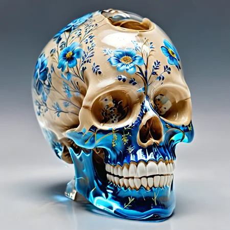 k7561, glasssculpture k7561, a skull with a floral design, photo realistic, 8k, <lora:k7561_SDXL_V03:1.0>, (transparent:1.3) light brown paint, blue paint, <lora:xl_more_art-full_v1:1>, <lora:sdxl_glass:0.7> translucent, <lora:Melting_world:0.3> woman