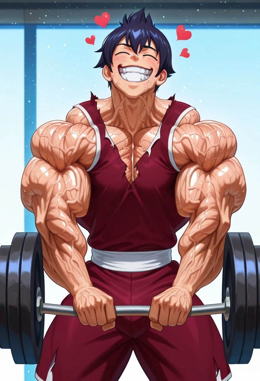 masterpiece, best quality, amazing quality, very aesthetic, absurdres, intricate details, five digits
, solo, 1boy, male focus, muscular male,clenched teeth, thick arms, weightlifting, exercise, veiny body, veiny arms, veiny neck, veiny face,
, <lora:nb-c_v2_IL-000025:1>,1boy, male focus, solo, closed eyes, smile, open mouth,heart emotes,anime, volumetric lighting, day, light particles,flexing,hulking out, muscular,torn clothes, roaring,hyper muscles growth, hyper muscles bigger,Romeo Conbolt, dark blue hair, black eyes,