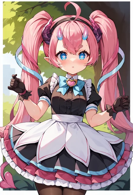 score_9, score_8_up, score_7_up, uncensored, source_anime, 1girl, <lora:spchibidokiXLPony:1> chibidokidef, pink hair, bow, thick eyebrows, horns, tail, black gloves, black hairband, black pantyhose, black shirt, bow, brown bow, frills, gloves, hair bow, hair ornament, hairband, high-waist skirt, pantyhose, petticoat, pleated skirt, puffy short sleeves, puffy sleeves, shirt, short sleeves, skirt, striped bow, white skirt