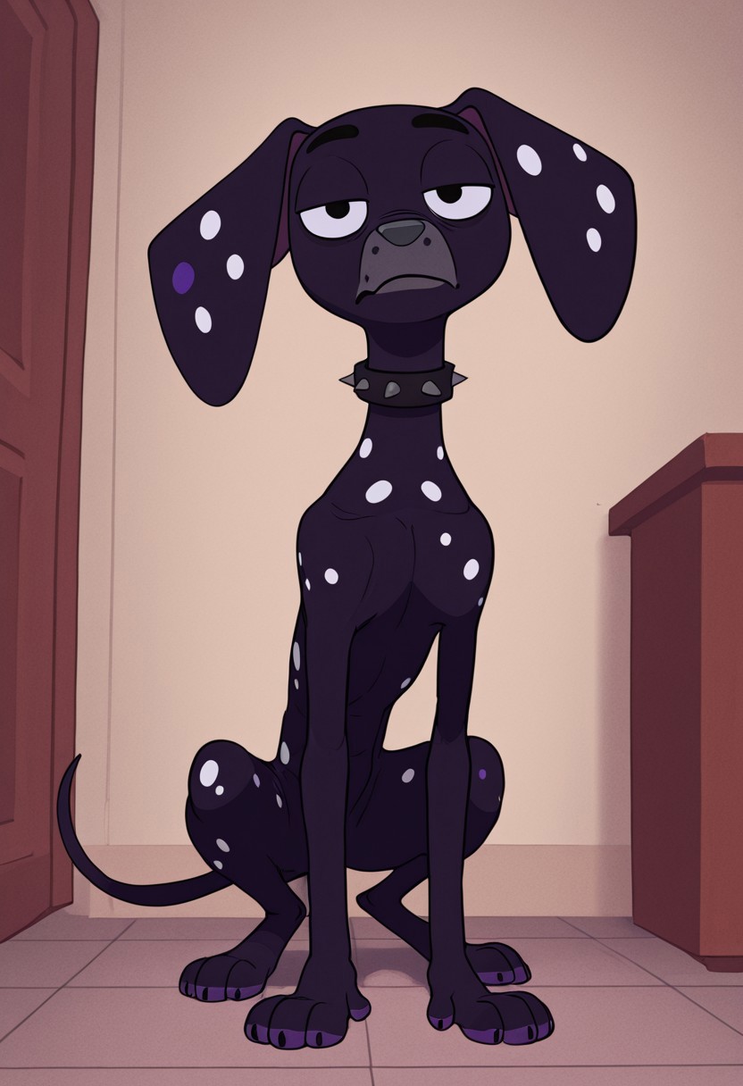 artist:matchattea, masterpiece, best quality, amazing quality, Dante(101), solo, feral dog, animal, quadruped, 1boy, dalmatian, dalmatian dog, feral, dog, dalmatian, black fur, white spots, purple spots, purple paws, gray nose, baggy eyes, spiked collar, full body, head tilt, snout, looking at viewer, bored expression, bored, boren emotion, half closed eyes, tall dog, skinny dog,