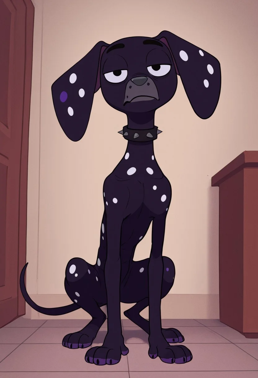 artist:matchattea, masterpiece, best quality, amazing quality, Dante(101), solo, feral dog, animal, quadruped, 1boy, dalmatian, dalmatian dog, feral, dog, dalmatian, black fur, white spots, purple spots, purple paws, gray nose, baggy eyes, spiked collar, full body, head tilt, snout, looking at viewer, bored expression, bored, boren emotion, half closed eyes, tall dog, skinny dog,
