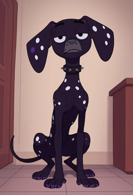 artist:matchattea, masterpiece, best quality, amazing quality, Dante(101), solo, feral dog, animal, quadruped, 1boy, dalmatian, dalmatian dog, feral, dog, dalmatian, black fur, white spots, purple spots, purple paws, gray nose, baggy eyes, spiked collar, full body, head tilt, snout, looking at viewer, bored expression, bored, boren emotion, half closed eyes, tall dog, skinny dog,