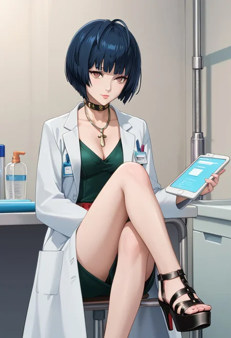 score_9, score_8_up, score_7_up, source_anime, (masterpiece, Highest quality:1.4), (beautiful, perfection, delicate, Complex:1.2), (cute, Fascinating), (Depth of written border:1.2), Realistic Face:1.2,
1 girl, mature female, adult woman, sexy woman,
p5tae, tae takemi, short hair, bob cut, bangs, labcoat, necklace, choker, studded collar, short dress, dark green dress, cleavage, red belt, gladiator sandals, platform footwear,
Hospital, examination room, examination table, sitting, cross legs, view from front. cowboy shot,