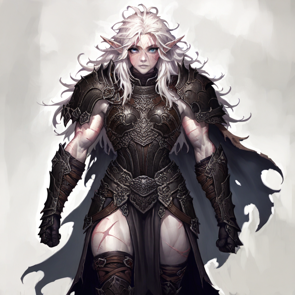 masterpiece, best quality, newest, absurdres, highres, D3-ART-V1, 1girl, pale, white skin, colored skin, pale skin, elf, pointy ears, muscular woman, armor, cape, leather armor, scar, scars on face, white hair, long hair, messy hair, black armor, black leather, blue eyes,